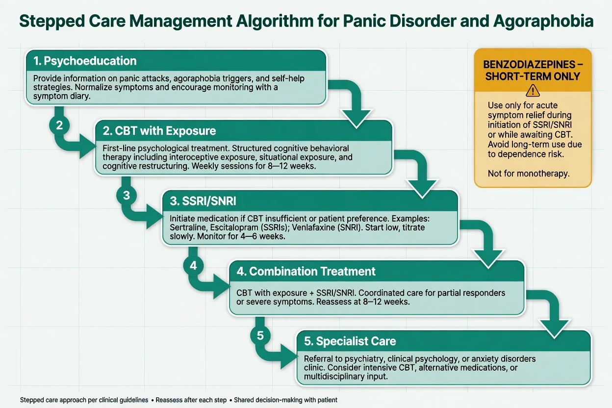 Stepped care algorithm from psychoeducation and CBT exposure through SSRI SNRI combination and specialist care with benzodiazepine short-term box