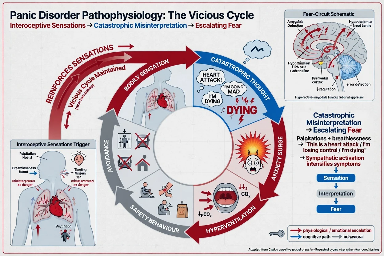 Vicious cycle of interoceptive sensation, catastrophic misinterpretation, anxiety surge, safety behaviour and avoidance in panic