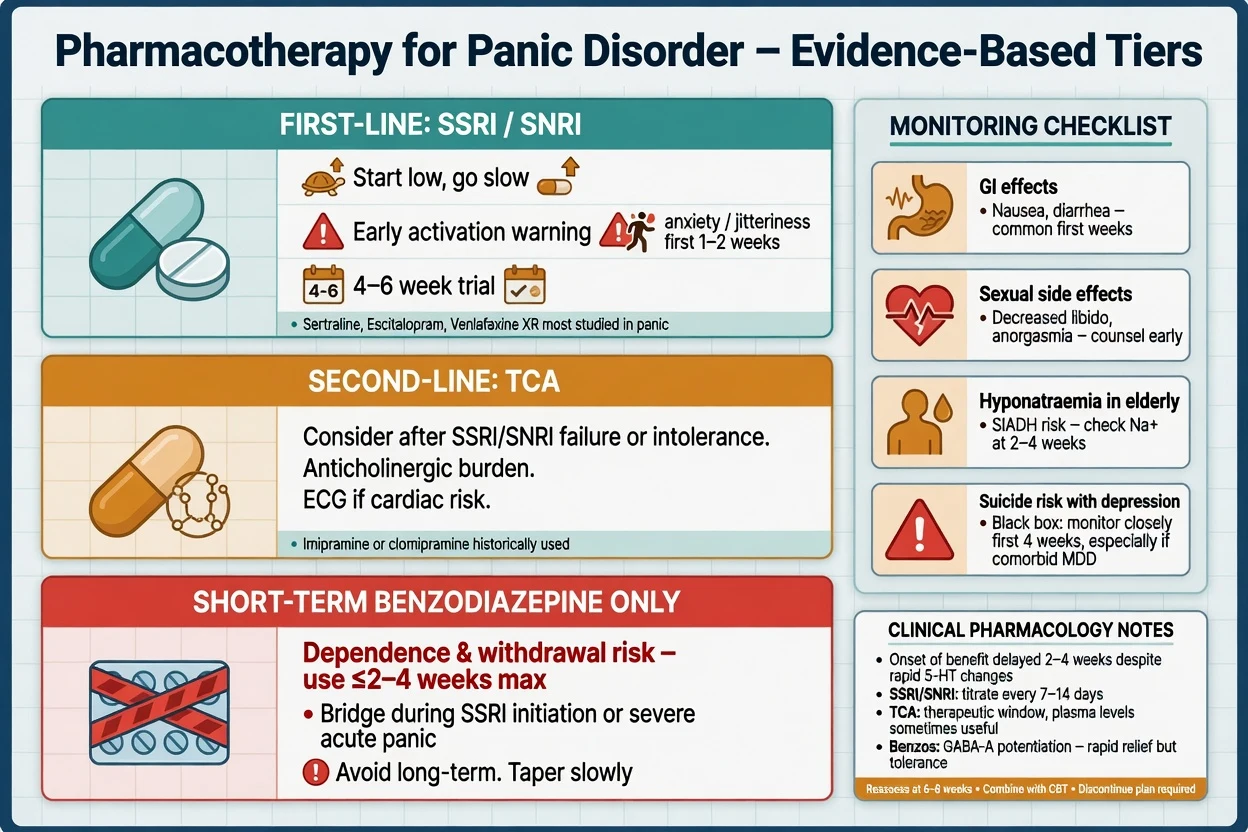 Pharmacotherapy tiers for panic: first-line SSRI SNRI, second-line TCA, short-term benzodiazepine only with monitoring checklist
