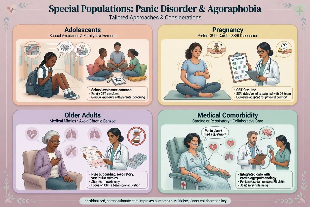 Special populations grid for panic: adolescents, pregnancy, older adults, medical comorbidity