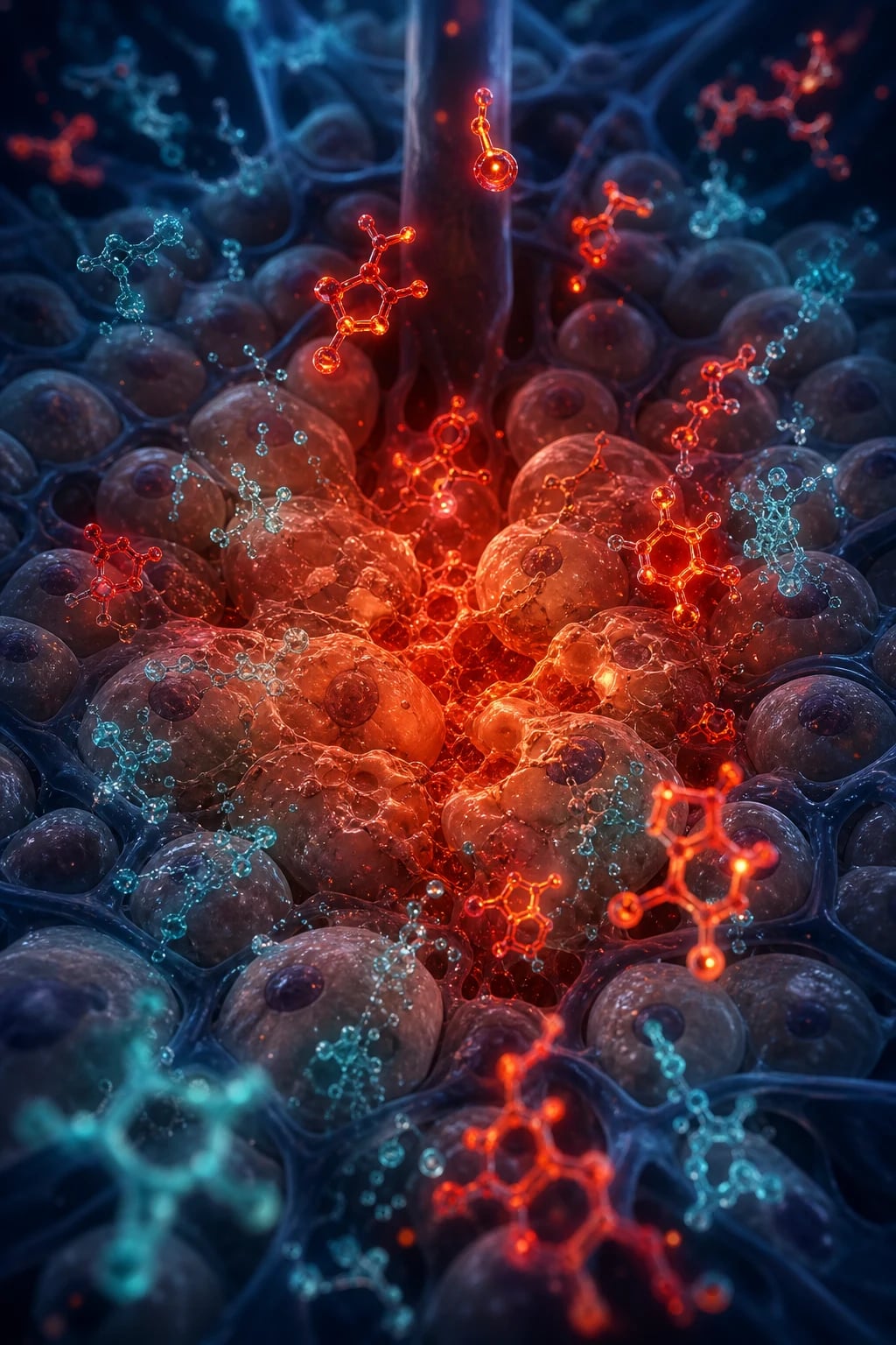 Cinematic 3D abstract close-up of a liver lobule showing centrilobular hepatocytes being destroyed by toxic NAPQI molecules with glutathione depletion against a deep navy background