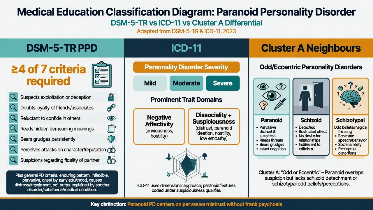 Three-column classification diagram comparing DSM-5-TR PPD criteria, ICD-11 severity and trait domains, and Cluster A neighbours