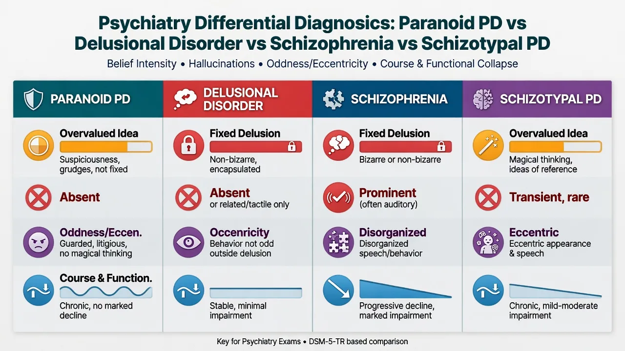 Four-column comparison of paranoid PD versus delusional disorder versus schizophrenia versus schizotypal PD