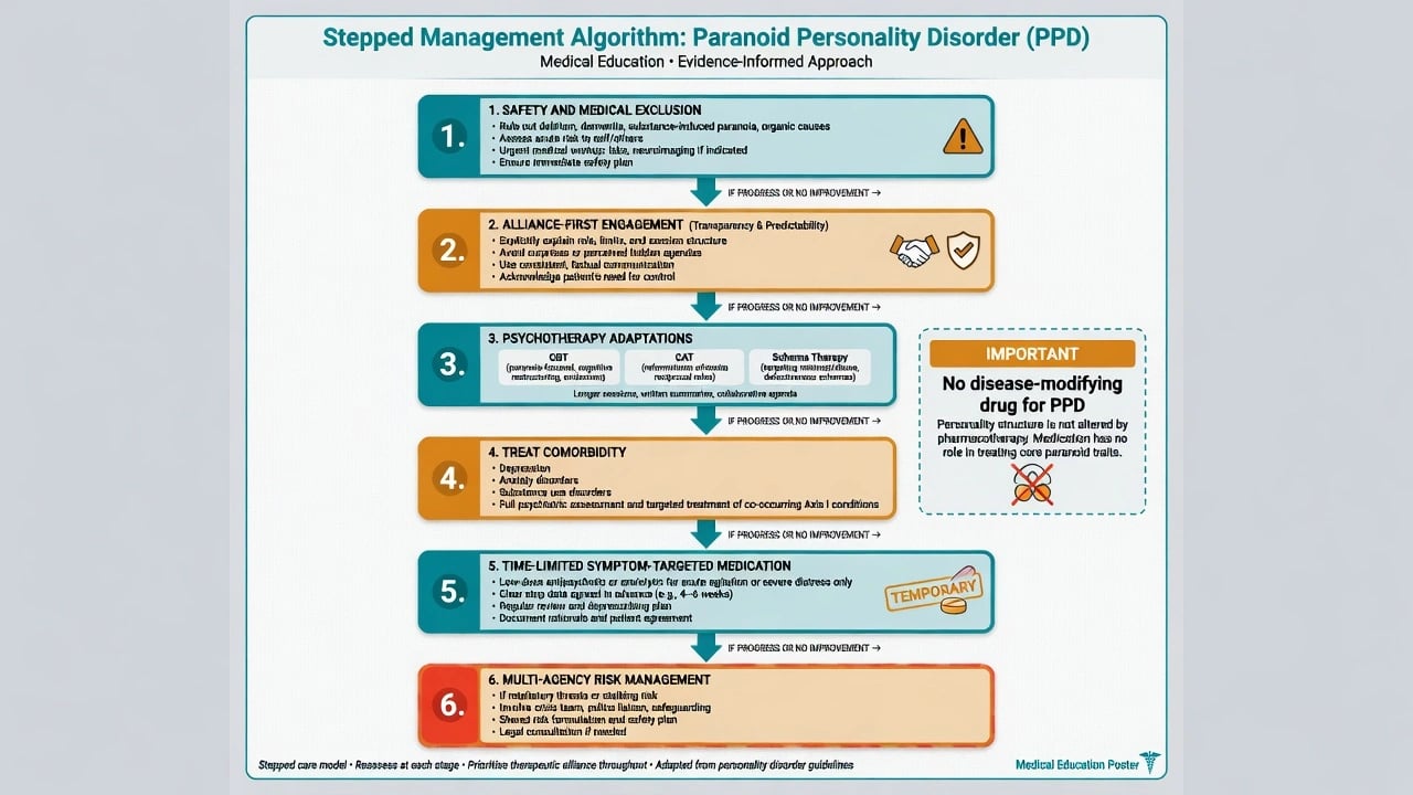 Six-step management algorithm for paranoid personality disorder from safety through alliance psychotherapy comorbidity medication and multi-agency risk