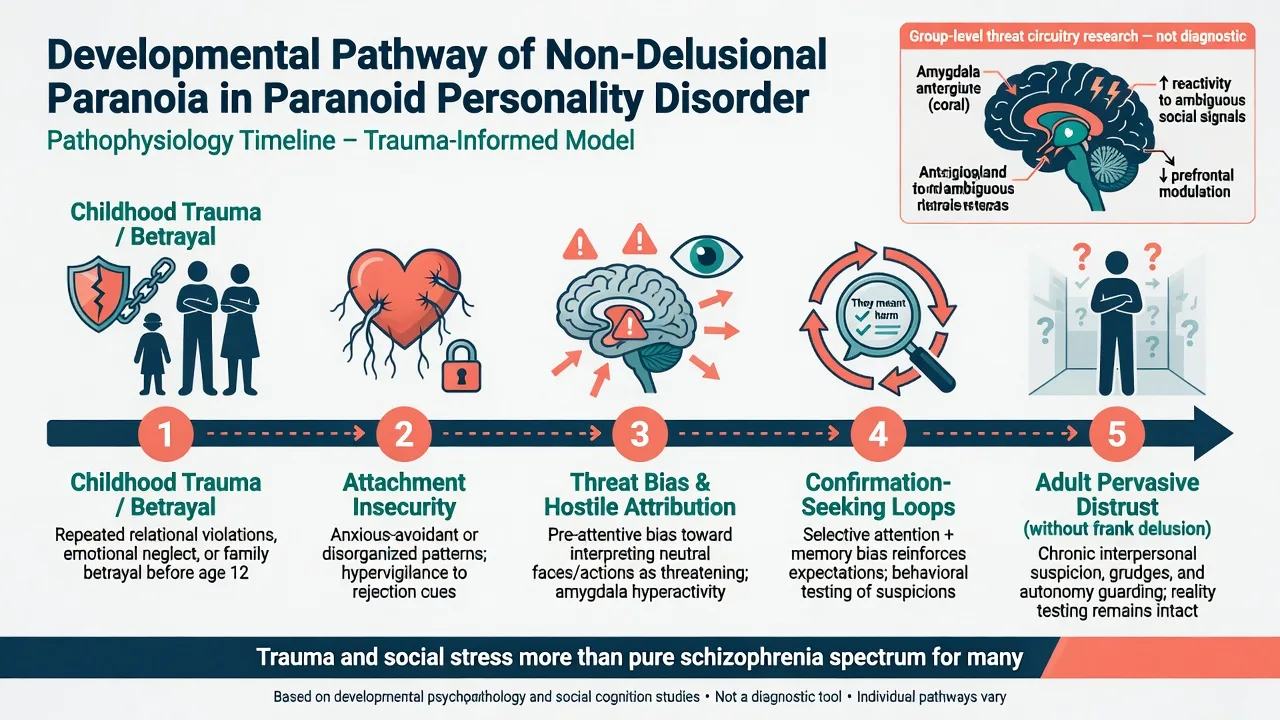 Developmental timeline from childhood trauma through threat bias and confirmation loops to adult non-delusional pervasive distrust