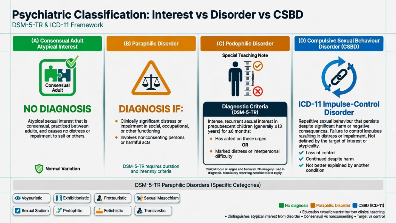 Four-column map of consensual interest, paraphilic disorder, pedophilic disorder teaching, and ICD-11 CSBD