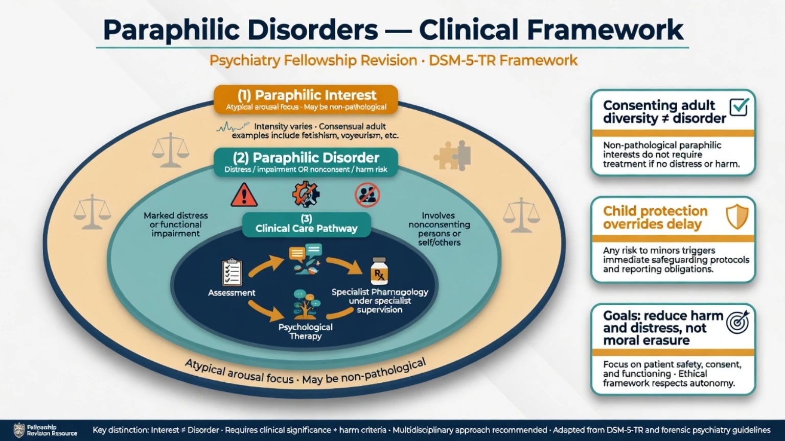 Clinical framework showing paraphilic interest, disorder threshold, and stepped care pathway with child-protection callouts