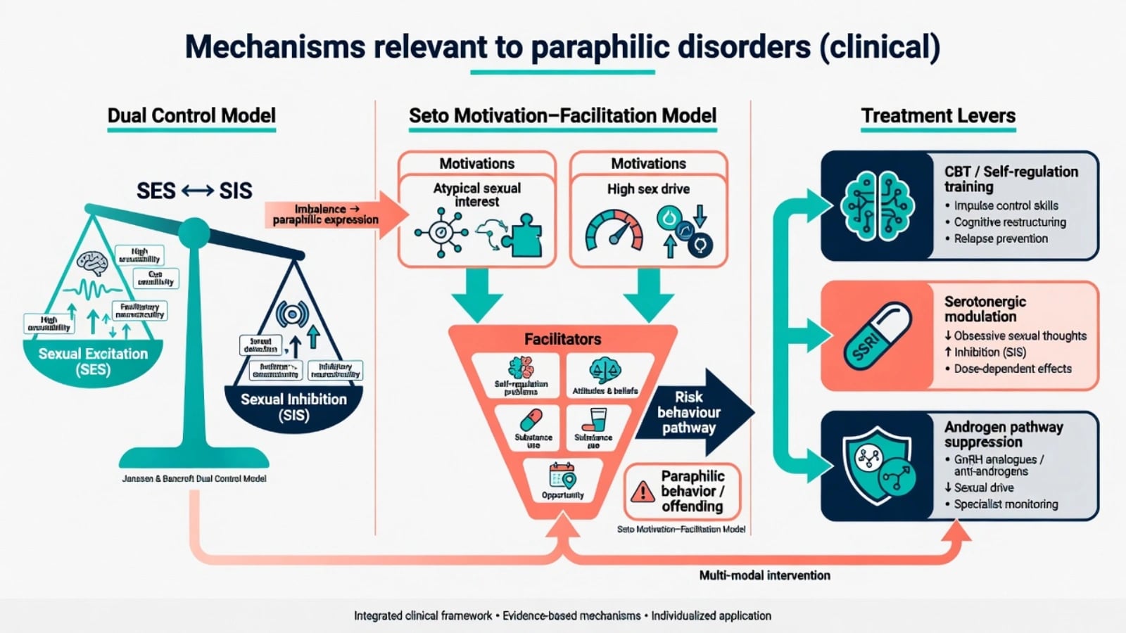 Dual control model, Seto motivation-facilitation model, and treatment levers CBT SSRI and androgen pathway