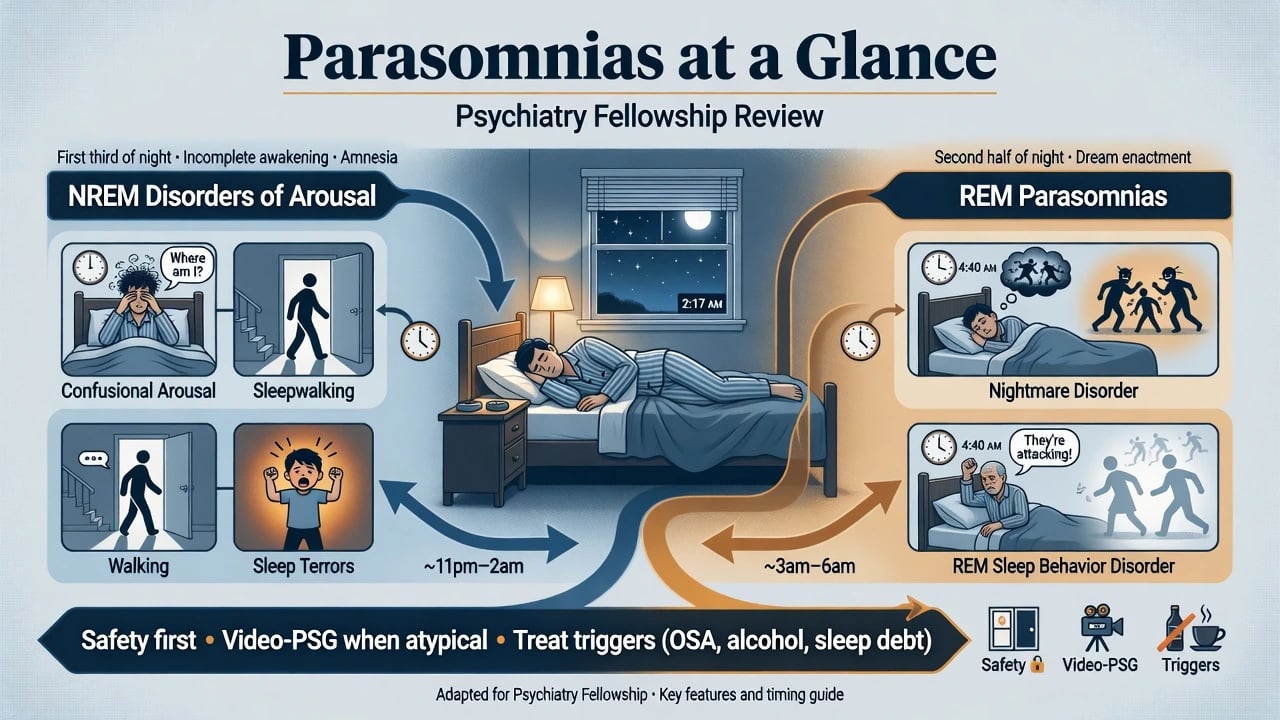 Overview of parasomnias contrasting NREM disorders of arousal with REM parasomnias and safety-first framing