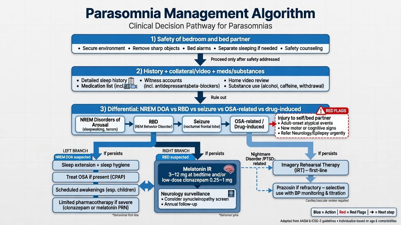 Stepped management algorithm for NREM DOA, RBD, and nightmare disorder with safety first