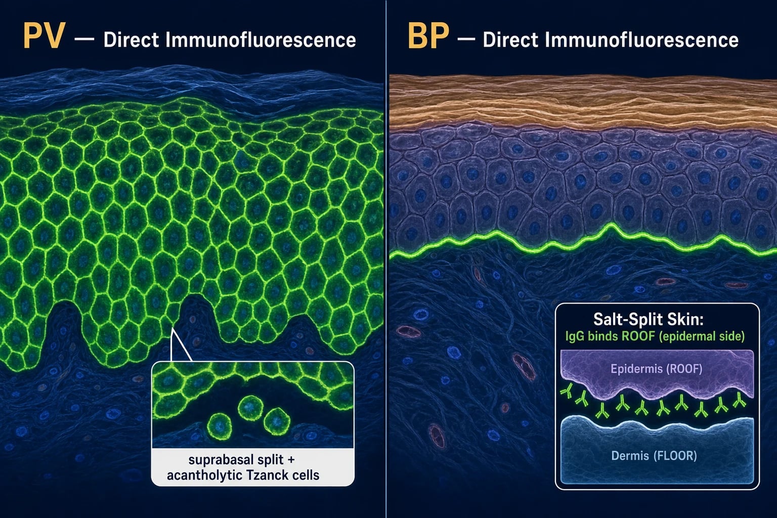 Split-panel diagnostic infographic showing PV direct immunofluorescence with intercellular fishnet honeycomb apple-green IgG staining of the epidermis on the left, and BP direct immunofluorescence with a single crisp linear apple-green band along the basement membrane zone on the right, with a salt-split inset showing roof binding