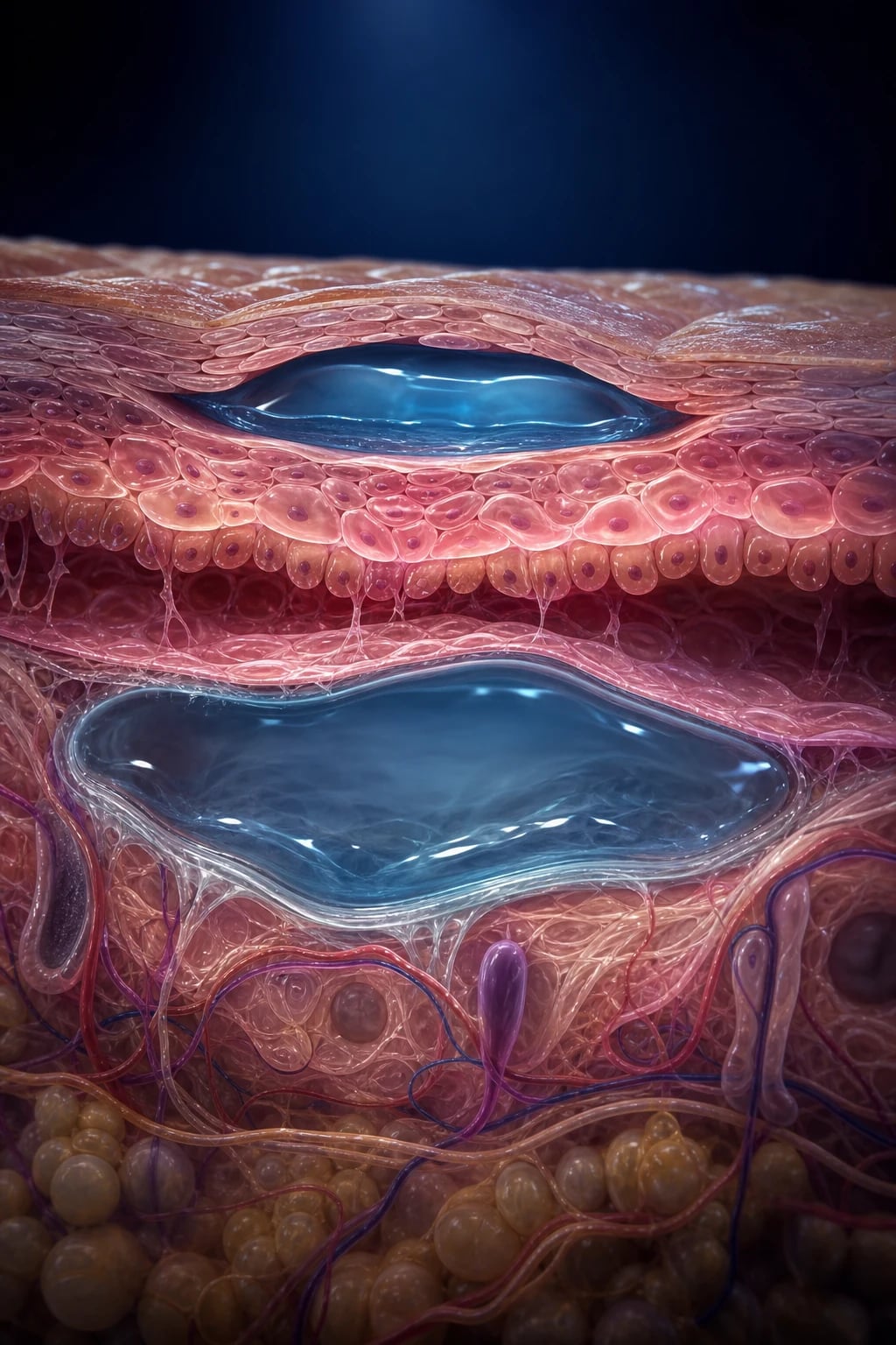 Cinematic 3D abstract close-up of skin layers showing a split within the epidermis (PV, flaccid blister) and a split beneath the epidermis at the basement membrane zone (BP, tense blister), with autoantibodies attaching to their respective targets, against a deep navy background