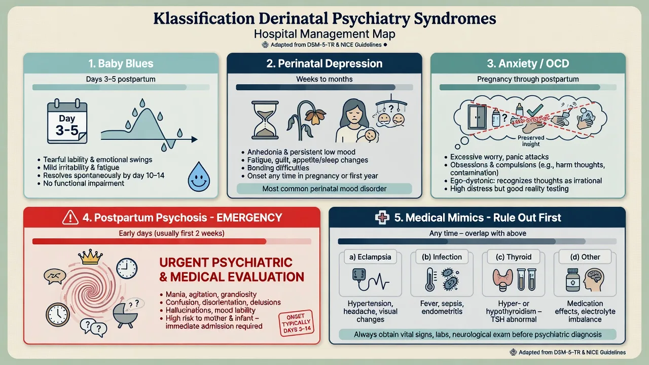 Classification map from baby blues through perinatal depression anxiety OCD to postpartum psychosis emergency