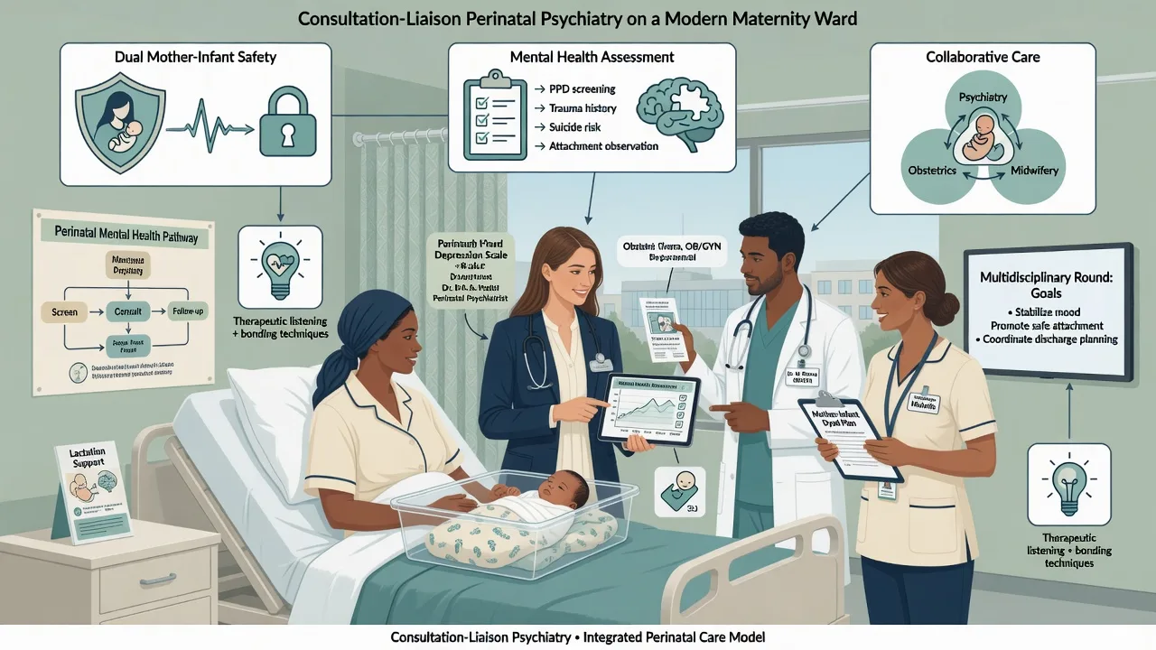 Consultation-liaison perinatal psychiatry team on a maternity ward supporting mother infant and multidisciplinary care