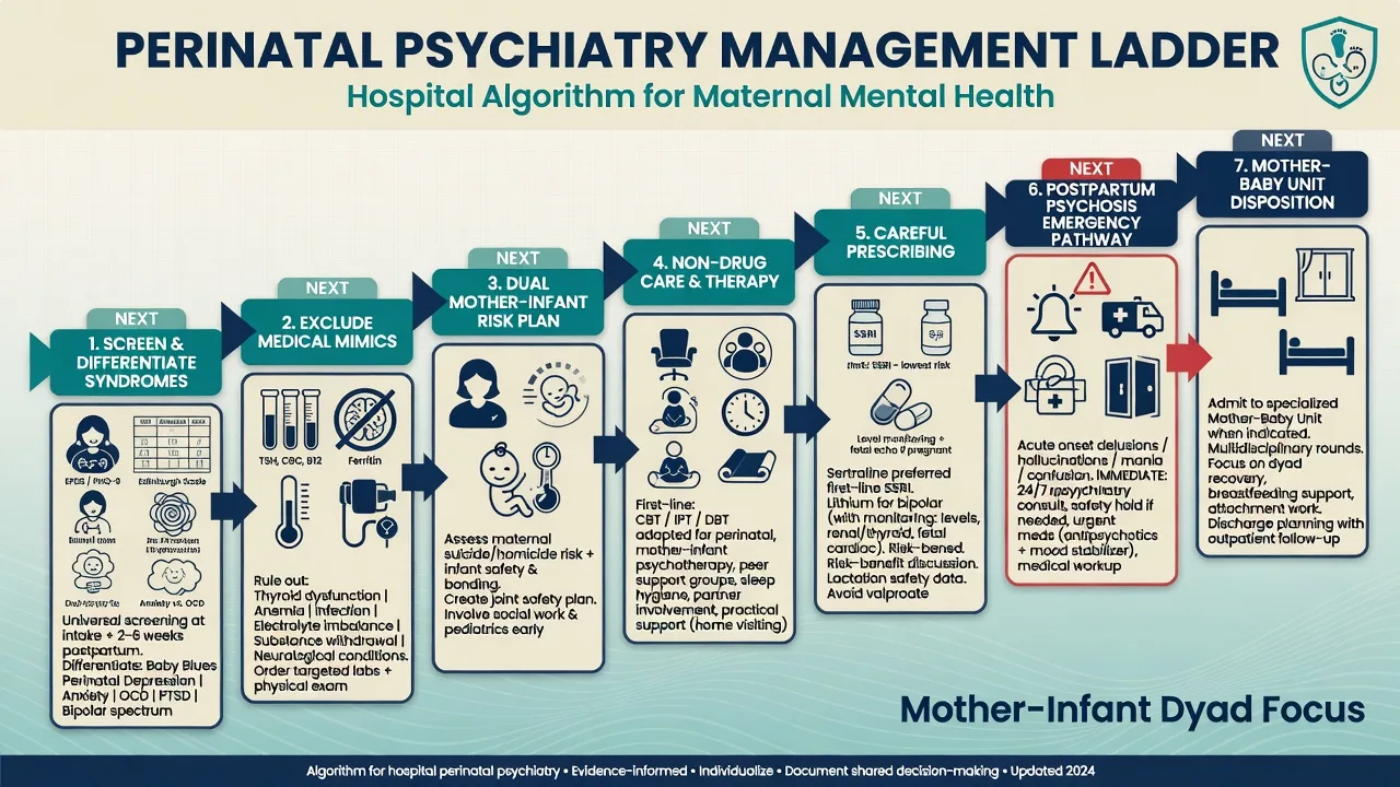 Stepwise management algorithm for hospital perinatal psychiatry from screening through emergency care pharmacology and mother-baby disposition