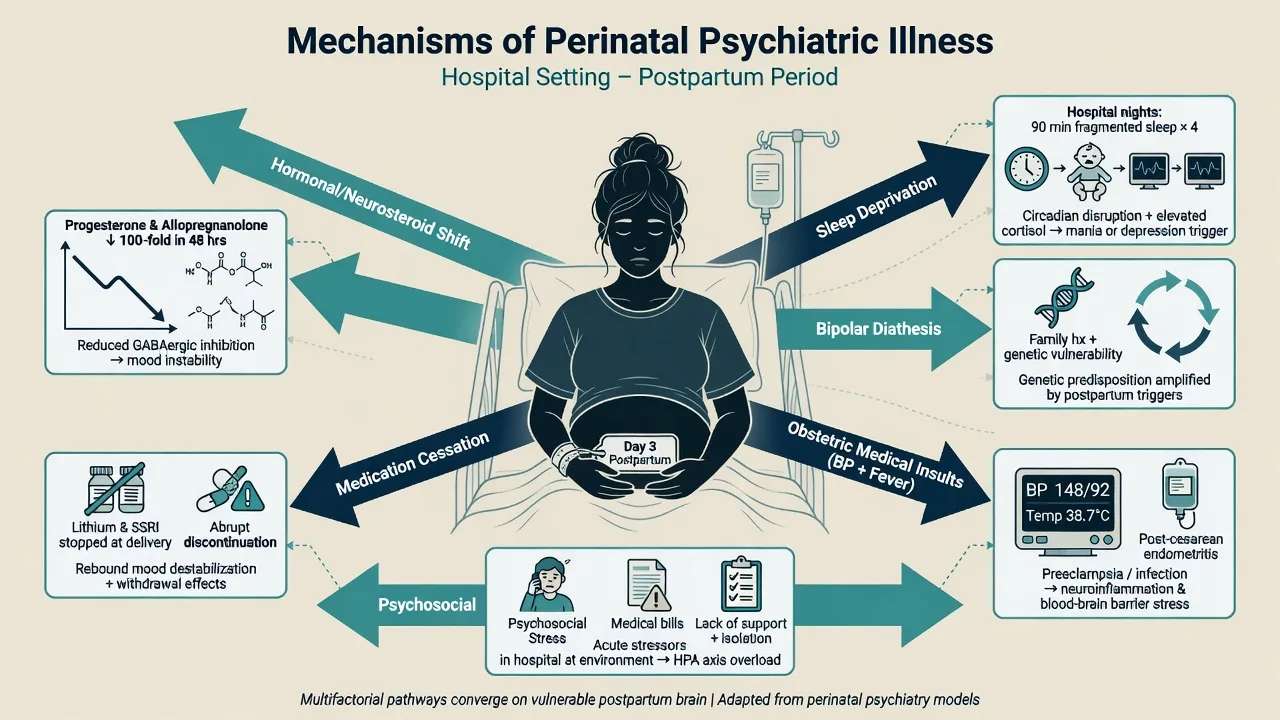 Mechanisms of perinatal psychiatric illness with hormonal sleep immune obstetric medical and psychosocial pathways