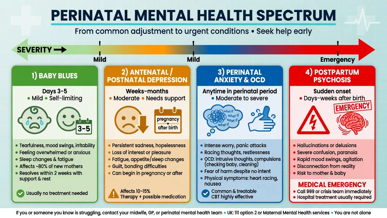 Spectrum from baby blues through perinatal depression and anxiety to postpartum psychosis emergency
