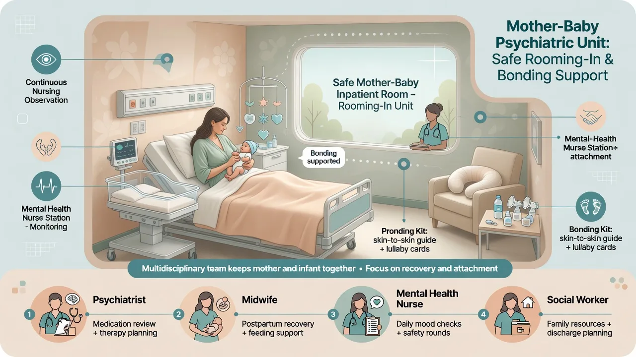 Mother-baby psychiatric unit schematic with multidisciplinary team and rooming-in observation