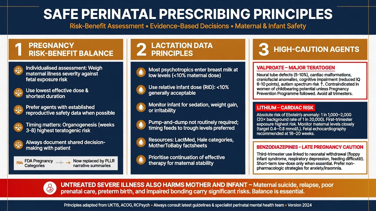 Pregnancy risk-benefit, lactation principles, and high-caution agents including valproate and lithium