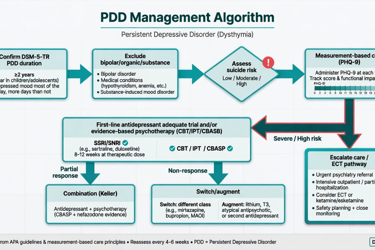 PDD management algorithm from diagnosis through antidepressant and psychotherapy combination to escalation