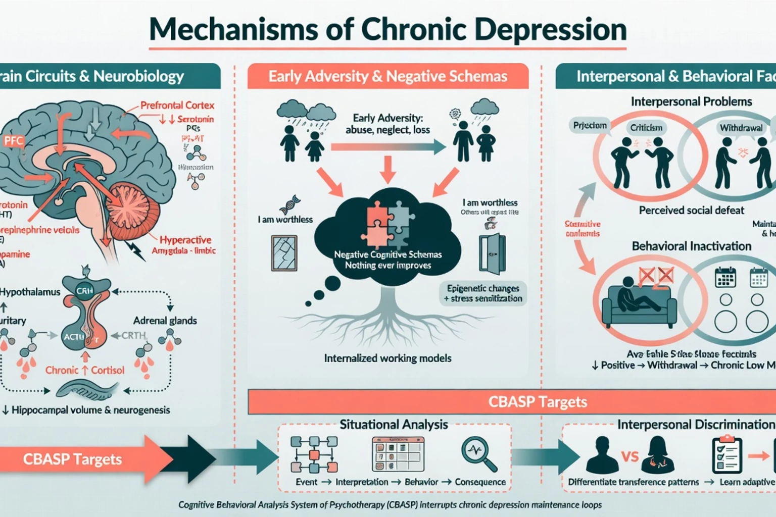 Mechanisms of chronic depression including monoamine circuits, early adversity schemas, interpersonal factors and CBASP targets