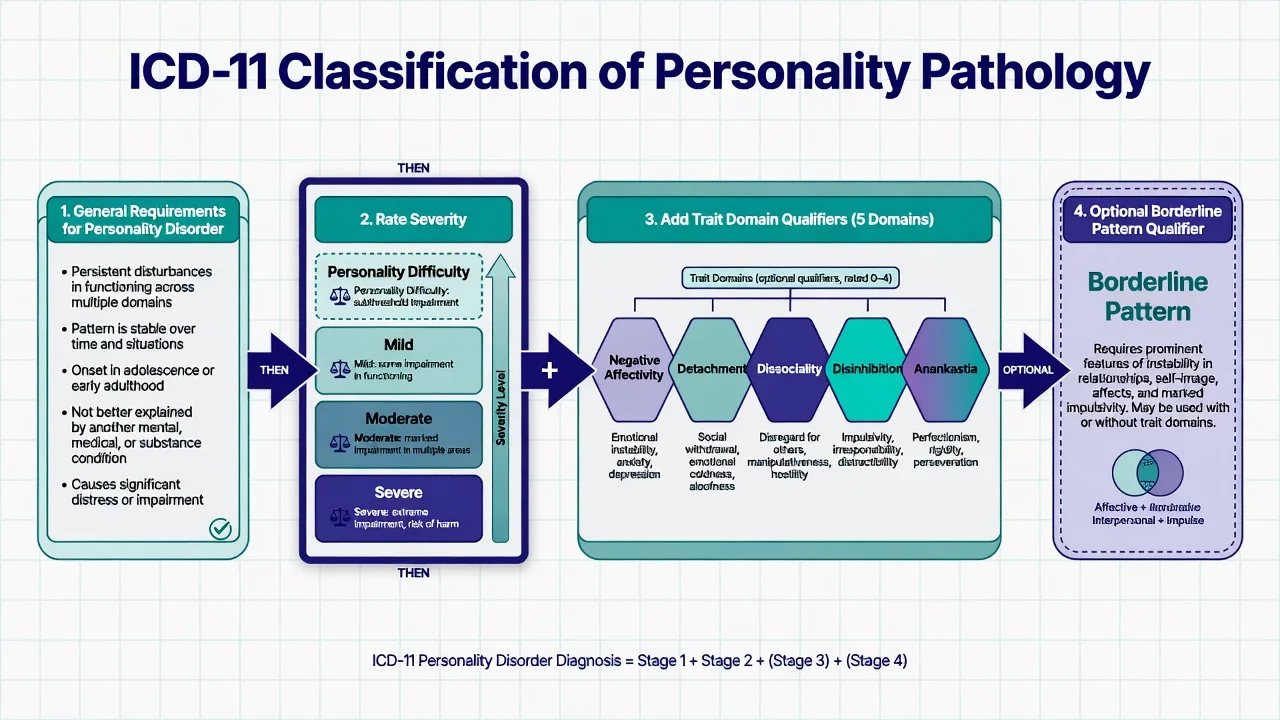 Four-step ICD-11 PD classification flow: general requirements, severity rating, five trait domains, optional borderline pattern
