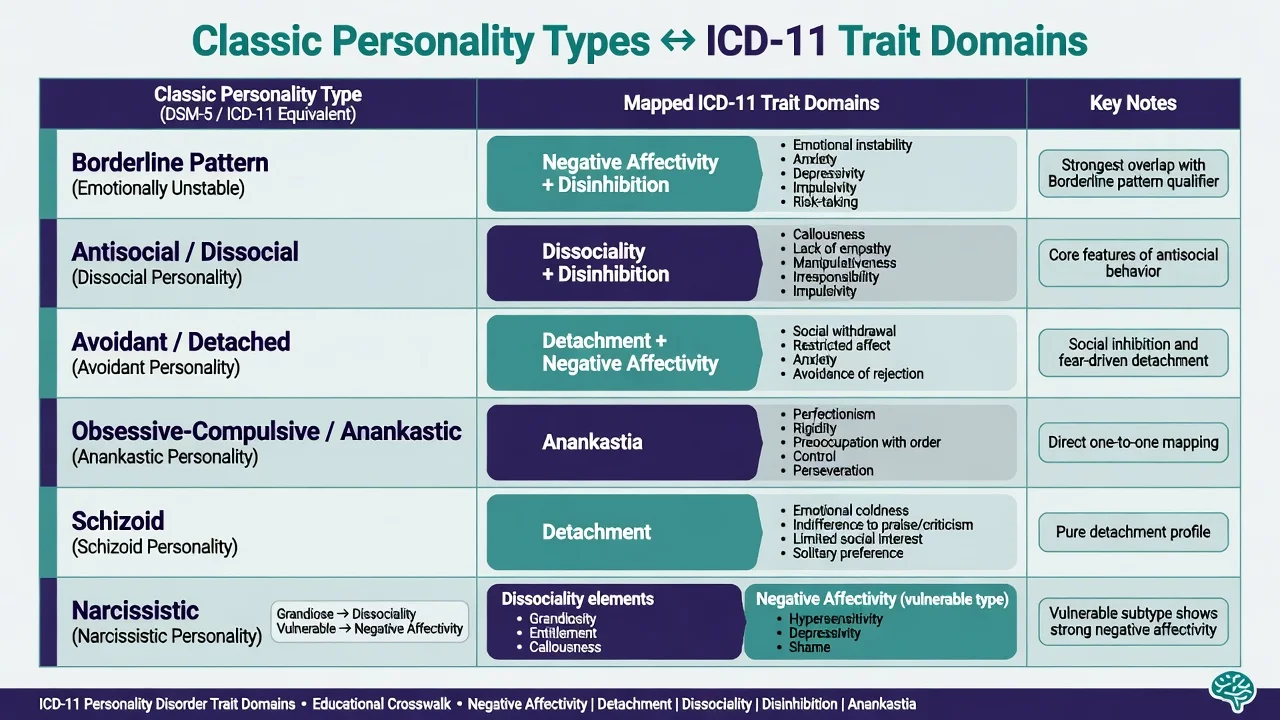 Crosswalk mapping classic personality types to ICD-11 trait domains