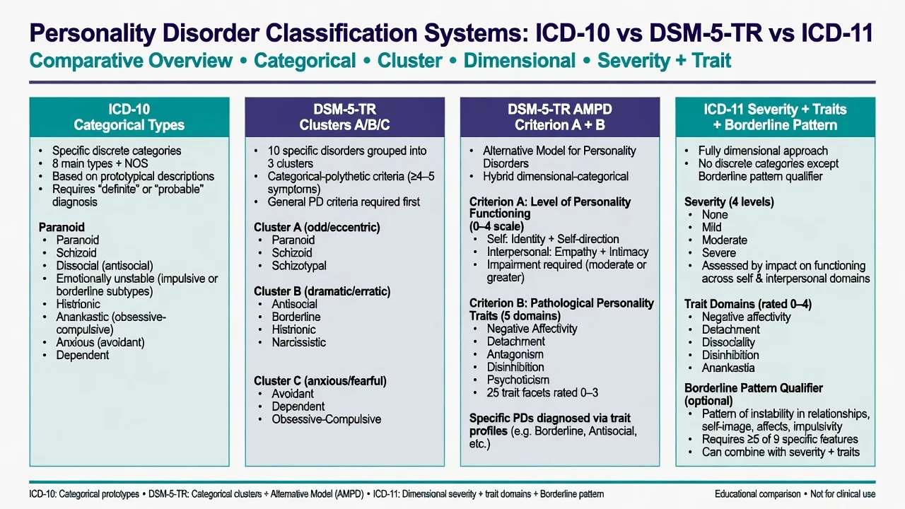 Four-column comparison of ICD-10 types, DSM-5-TR clusters, DSM AMPD, and ICD-11 severity-plus-traits