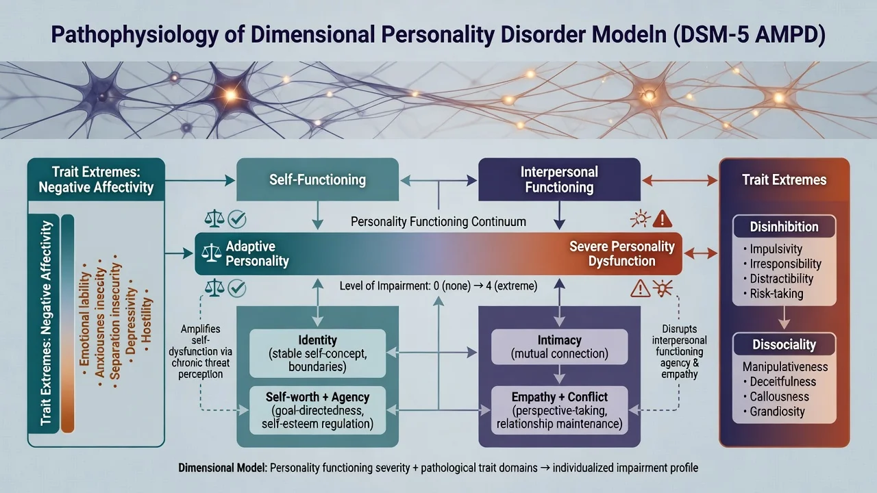 Continuum from adaptive personality to severe PD with self and interpersonal functioning pillars