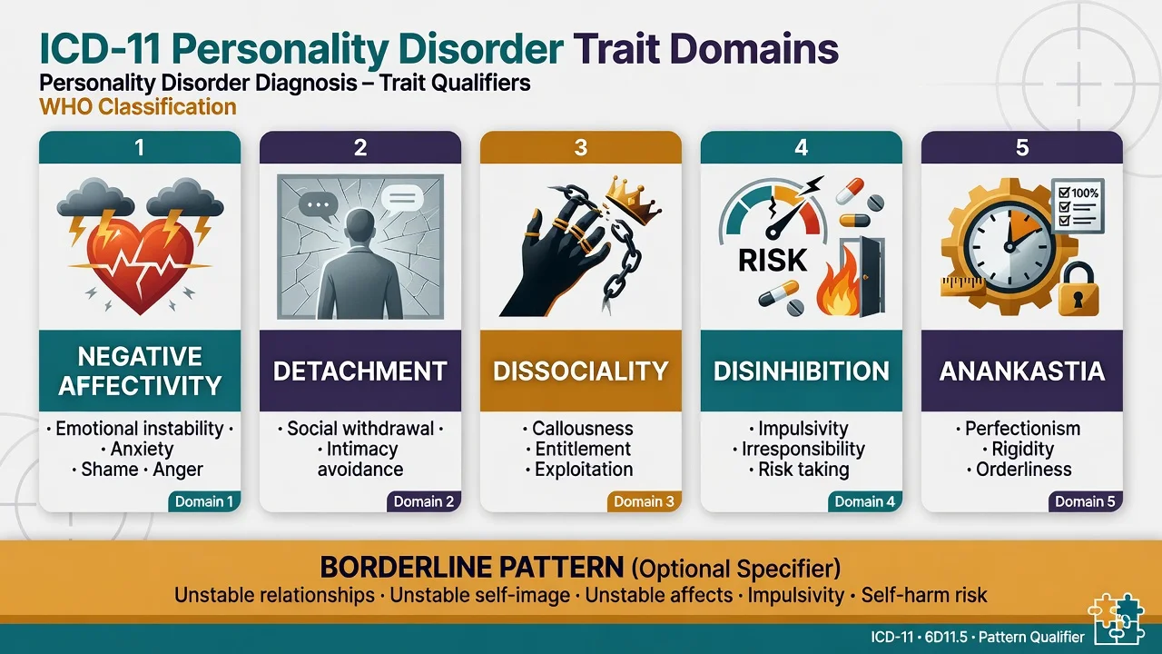 Five ICD-11 trait domain cards plus optional borderline pattern strip