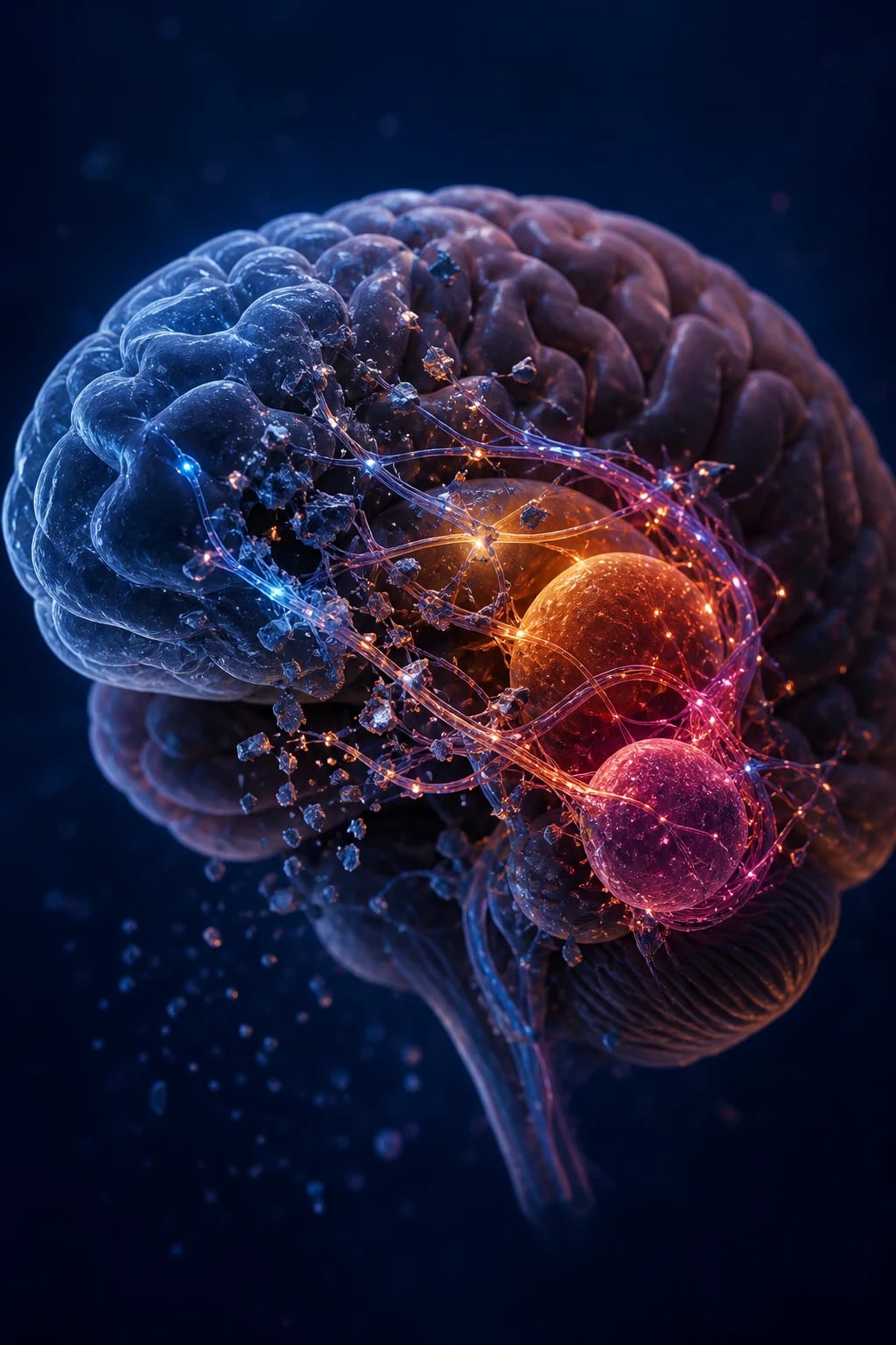 Cinematic 3D abstract close-up of a brain with fragmented emotional regulation circuits showing unstable connections between emotion centres and frontal control, against a deep navy background