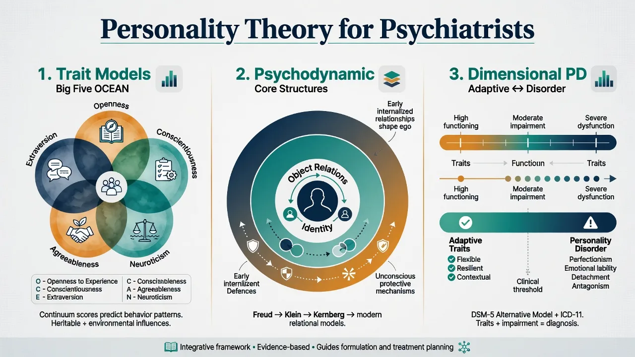 Three-panel overview of trait models, psychodynamic structures, and dimensional personality disorder continuum