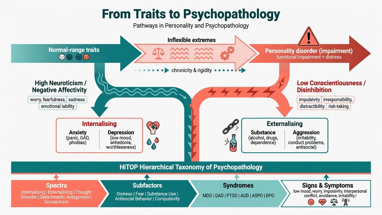 Continuum from normal traits to personality disorder with internalising and externalising pathways and HiTOP hierarchy