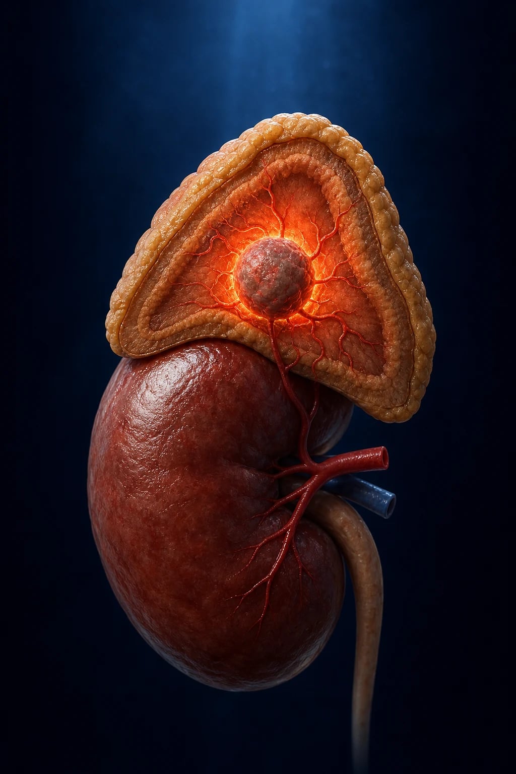 Cinematic 3D anatomical illustration of an adrenal gland bearing a vascular, glowing catecholamine-secreting tumour, against a deep navy background