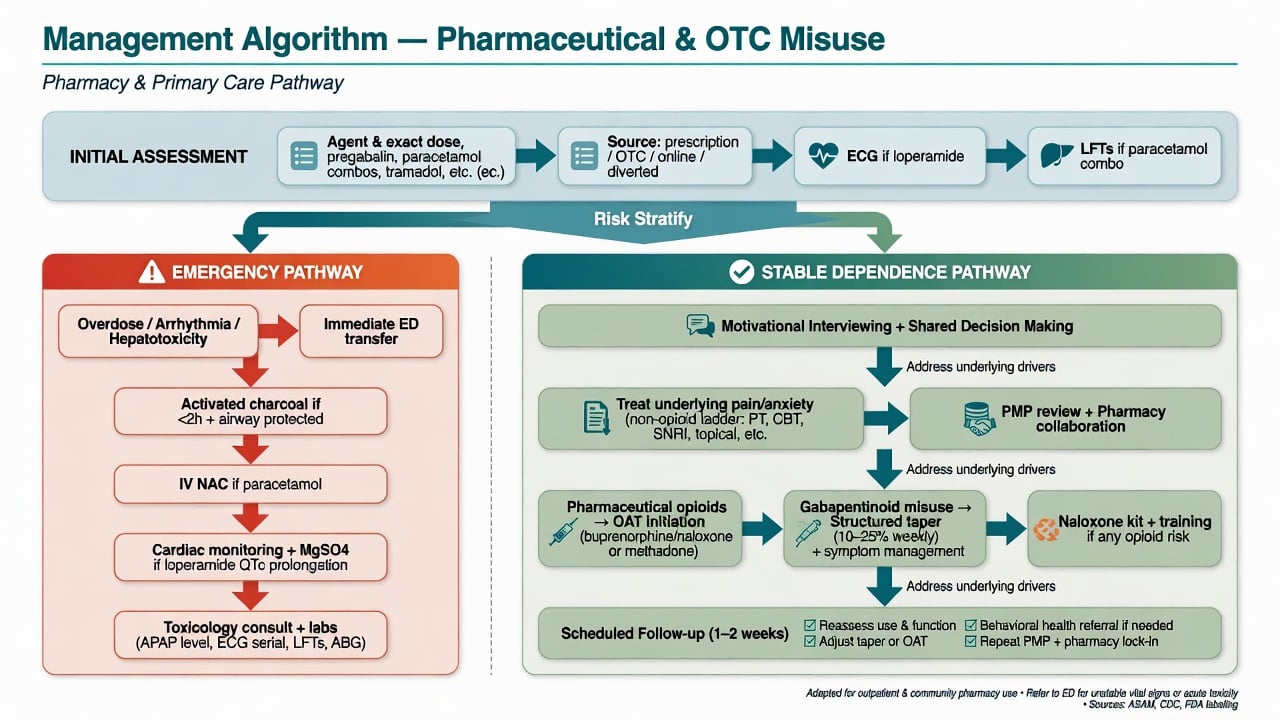Stepwise management algorithm for pharmaceutical and OTC drug misuse from emergency care to OAT and deprescribing