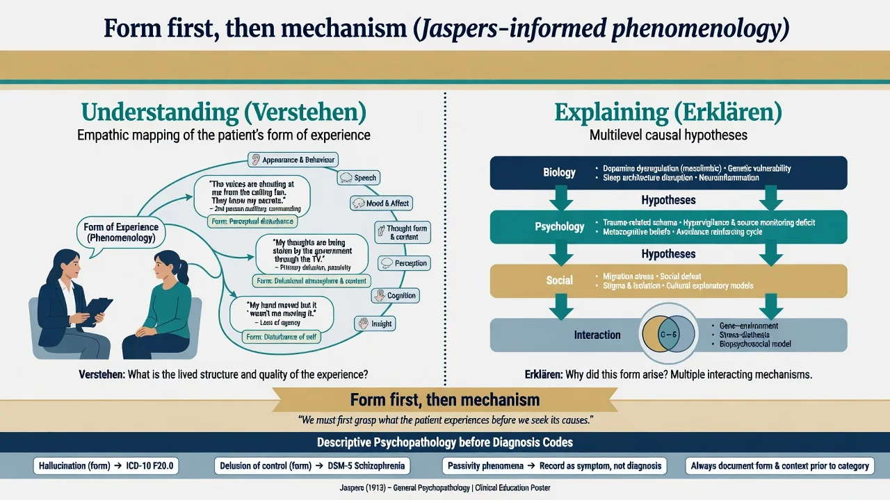 Stacked levels of explanation diagram from molecular genetic through circuit to psychological and social with arrows for patchy reduction and top-down constraints