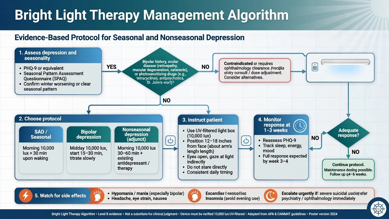 Classification flowchart of bright light therapy, wake therapy, sleep phase advance, dark therapy, and timed melatonin