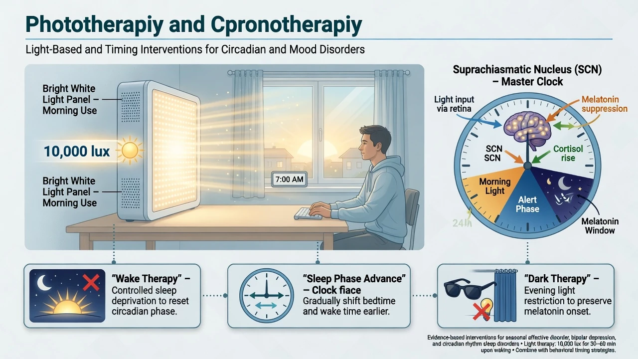 Bright light therapy management algorithm from assessment through protocol selection monitoring and escalation