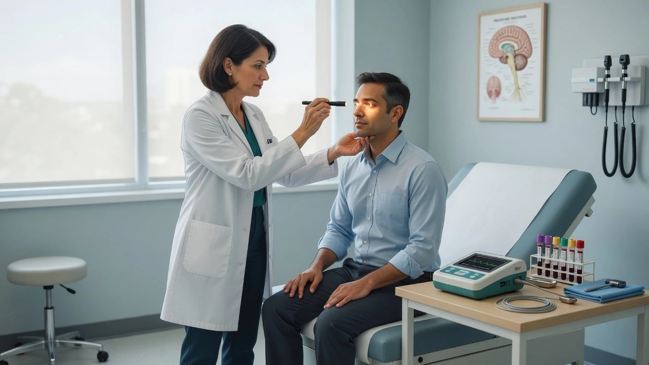Psychiatrist performing neurological pupil examination with ECG machine and blood tubes nearby