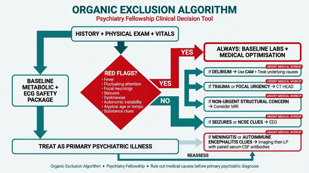 Organic exclusion algorithm flowchart from exam to imaging LP EEG and autoimmune testing