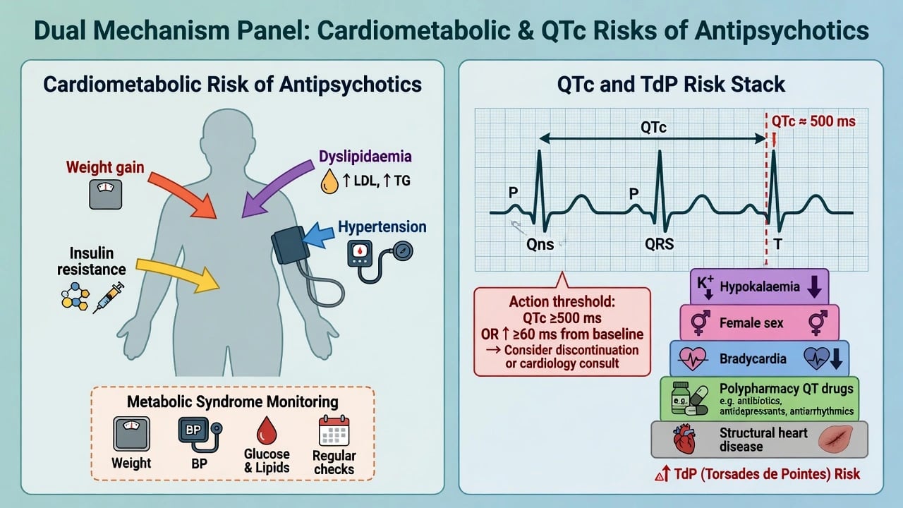 Cardiometabolic and QTc risk mechanisms with monitoring and action thresholds