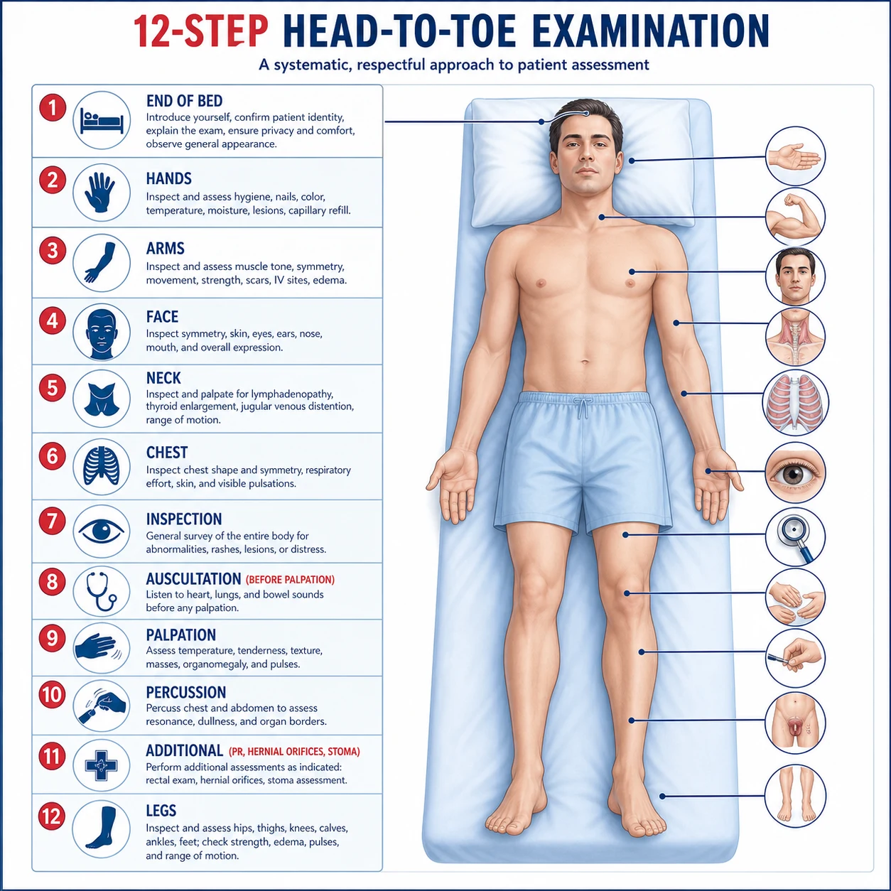 The twelve-step head-to-toe abdominal examination sequence mapped to the body regions: end of bed, hands, arms, face, neck, chest, abdomen inspection, auscultation before palpation, palpation, percussion, additional examination, legs