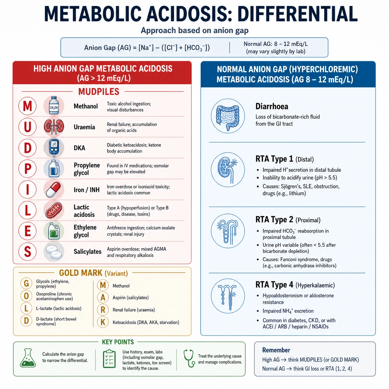 Anion gap differential — high AG (MUDPILES/GOLD MARK) versus normal AG (diarrhoea, RTA types 1, 2, 4) metabolic acidosis with discriminators