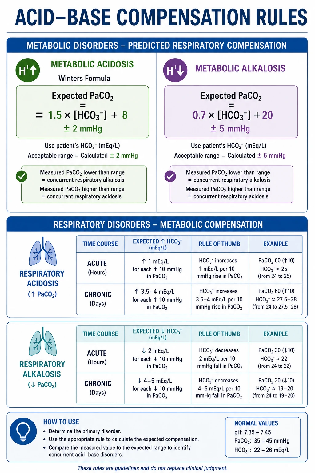 Compensation rules — Winter's formula for metabolic acidosis, the metabolic alkalosis rule, and acute/chronic respiratory acidosis and alkalosis changes per 10 mmHg PaCO2