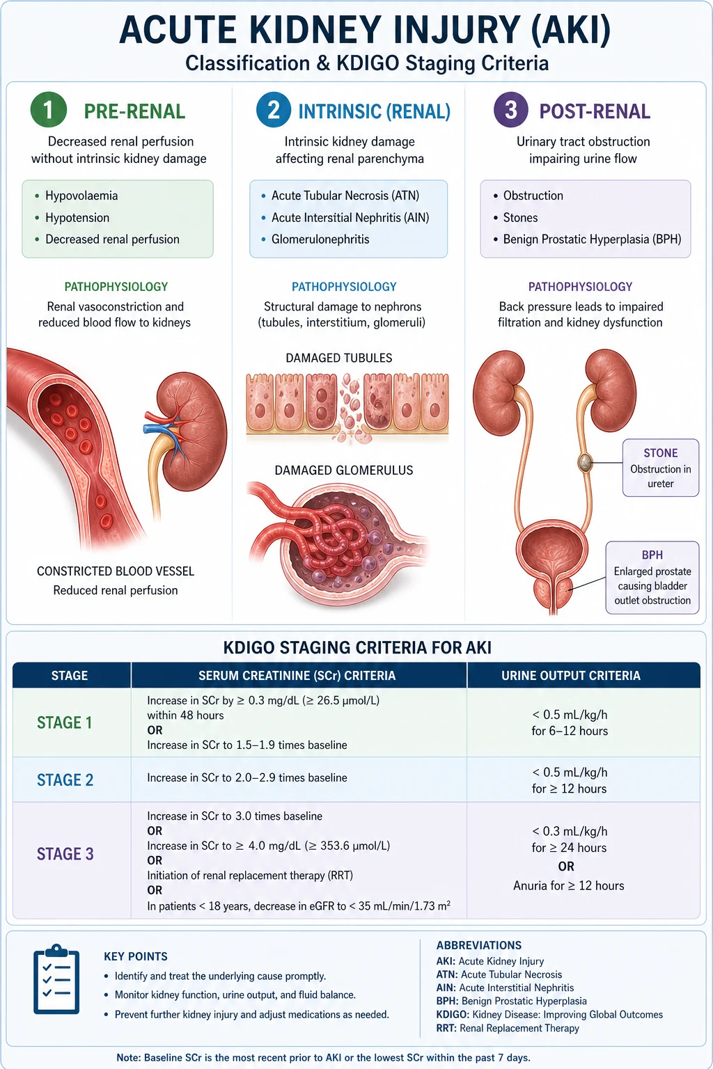 KDIGO staging of AKI — creatinine and urine output criteria for stages 1, 2 and 3