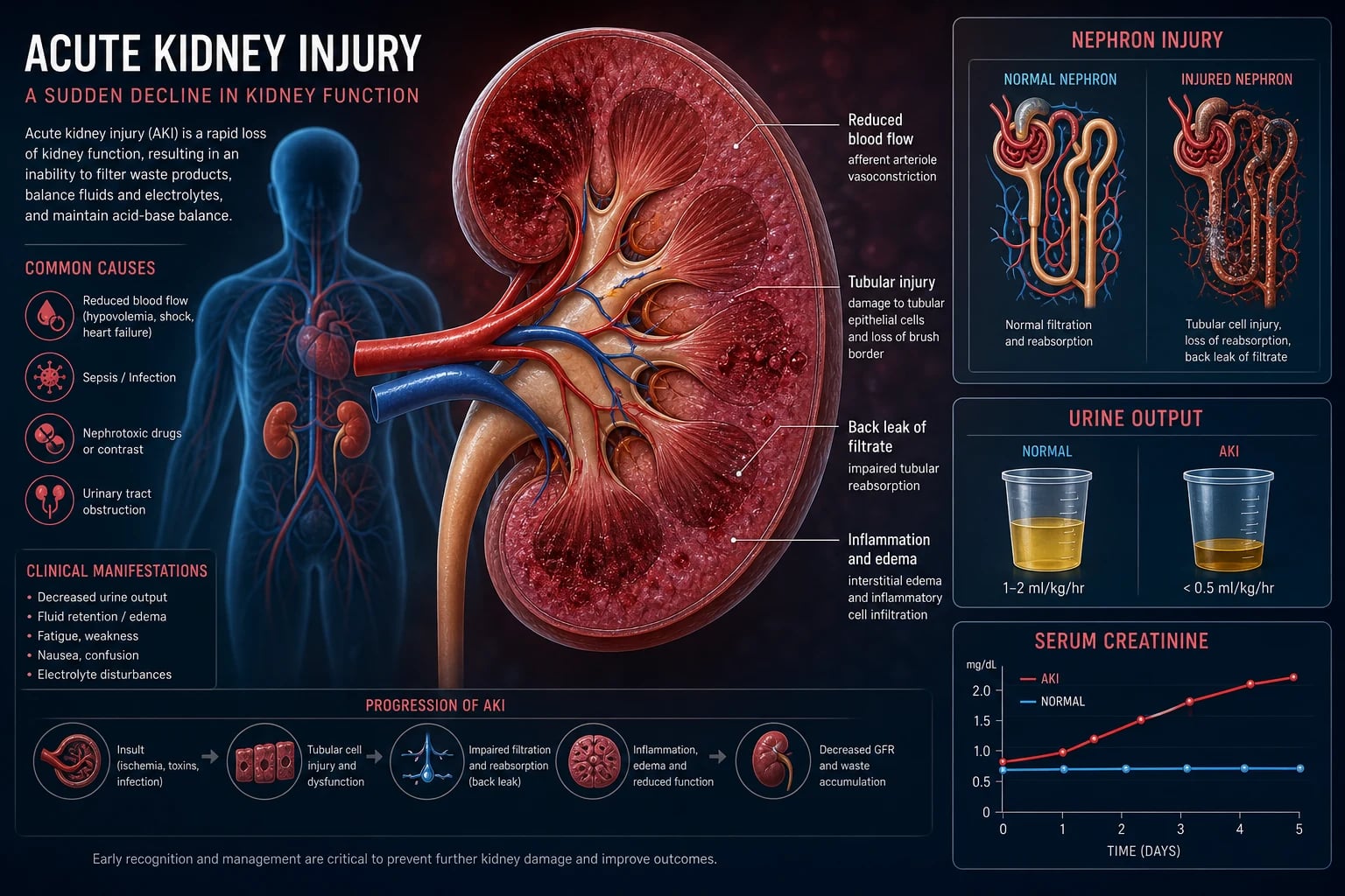Acute kidney injury — the nephron showing sites of pre-renal, intrinsic and post-renal injury