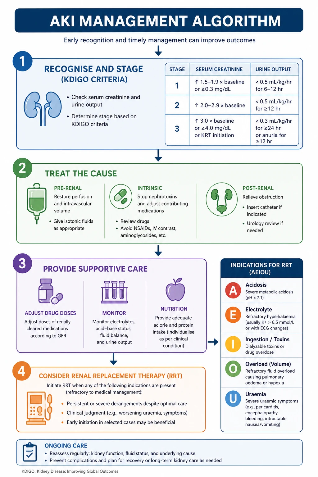 AKI management algorithm — volume assessment, treat cause, stop nephrotoxins, manage complications, AEIOU for RRT