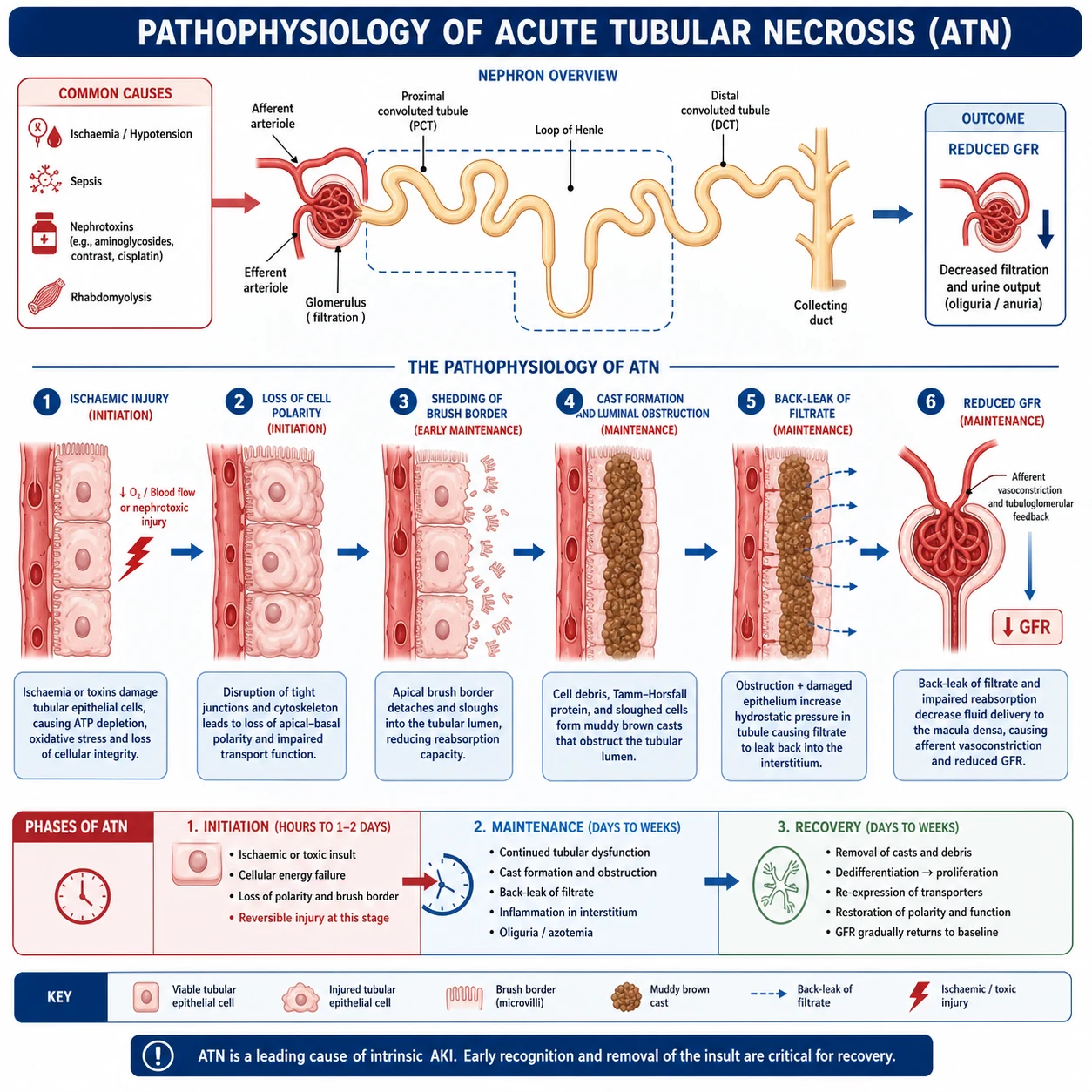 Pathophysiology of AKI by subtype — pre-renal, ATN, sepsis-associated, nephrotoxic, and obstructive mechanisms