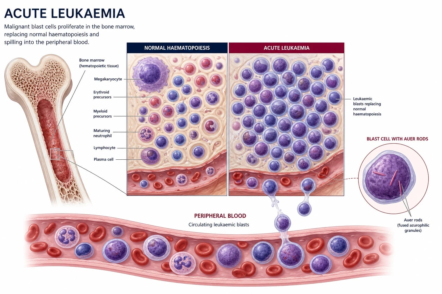 Acute leukaemia — marrow blast infiltration producing marrow failure