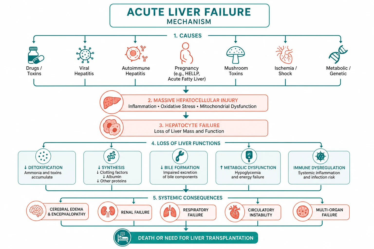 Pathophysiology for acute liver failure
